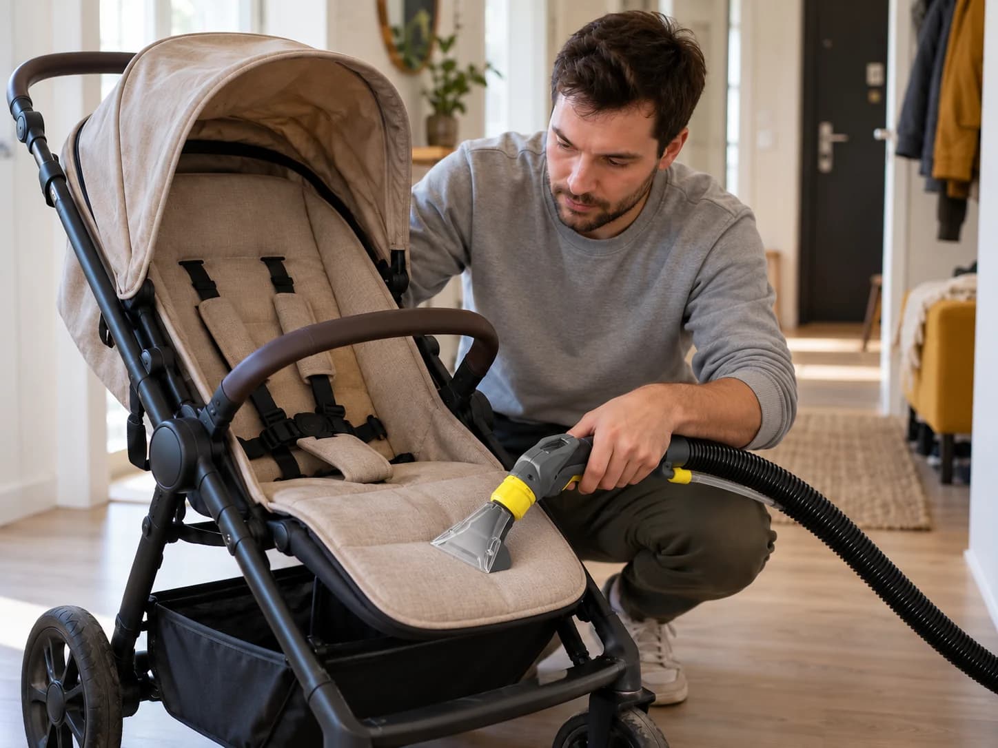 Чистка тканевого сиденья пустой детской коляски